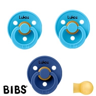 BIBS Colour Sutter med navn str2, 2 Breeze, 1 Cornflower, Runde latex, Pakke med 3 sutter